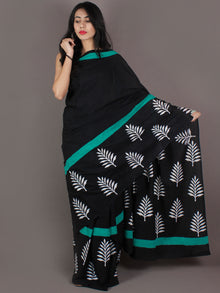 Black White Persian Blue Bagru Dabu Hand Block Printed in Cotton Mul Saree - S03170984