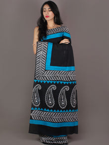 Black White Sky Blue Hand Block Printed in Cotton Mul Saree - S03170985
