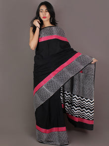 Black White Pink Hand Block Printed in Cotton Mul Saree - S03170986