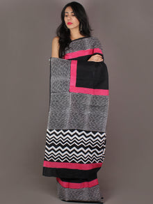 Black White Pink Hand Block Printed in Cotton Mul Saree - S03170986