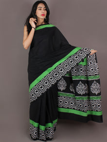 Black White Mint Green Hand Block Printed in Cotton Mul Saree - S03170988