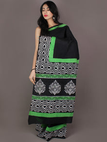 Black White Mint Green Hand Block Printed in Cotton Mul Saree - S03170988