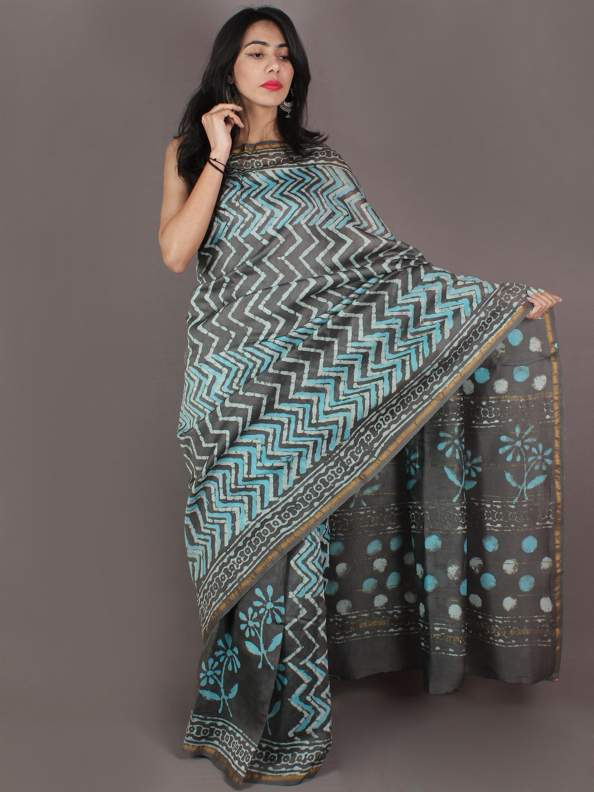 Grey Sky Blue Ivory Hand Block Printed in Natural Colors Chanderi Saree - S03170990