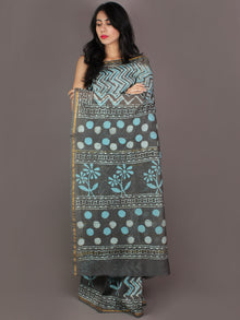 Grey Sky Blue Ivory Hand Block Printed in Natural Colors Chanderi Saree - S03170990