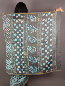 Grey Sky Blue Ivory Hand Block Printed in Natural Colors Chanderi Saree - S03170990