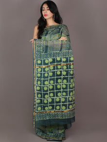Dark & Mint Green Ivory Hand Block Printed in Natural Colors Chanderi Saree - S03170991