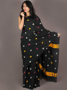 Black Yellow Pink White Shibori Dyed Cotton Mul Saree - S03170994