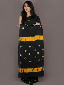 Black Yellow Pink White Shibori Dyed Cotton Mul Saree - S03170994