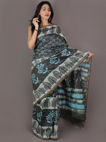 Grey Sky Blue Ivory Hand Block Printed in Natural Colors Chanderi Saree - S03170997