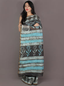 Grey Sky Blue Ivory Hand Block Printed in Natural Colors Chanderi Saree - S03170997