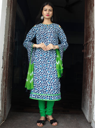 Indigo White Green Cotton Block Printed Suit - Set of 3 - SS01F028