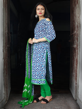 Indigo White Green Cotton Block Printed Suit - Set of 3 - SS01F028