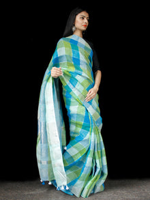 Blue Green Silver Handwoven Checked Linen Saree With Zari Border - S031703467