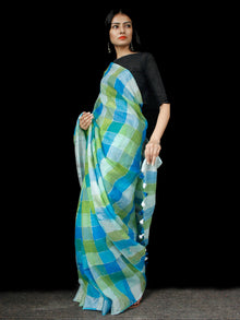 Blue Green Silver Handwoven Checked Linen Saree With Zari Border - S031703467