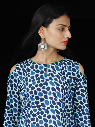 Indigo White Green Cotton Block Printed Suit - Set of 3 - SS01F028