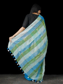 Blue Green Silver Handwoven Checked Linen Saree With Zari Border - S031703467