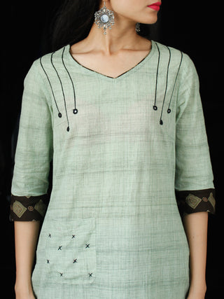 Sage Green Hand Embroidered South Handloom Cotton Kurta With Ajrakh Patch   - K133FXXX