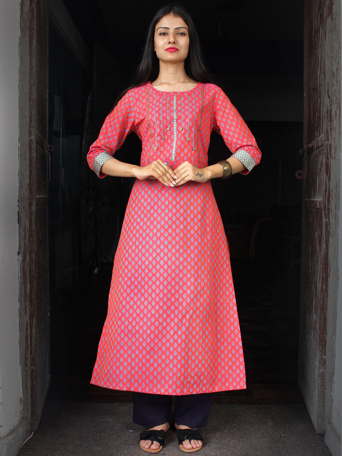 Coral Sky Blue South Handloom Cotton Kurta With Embroidery Details - K163FXXX