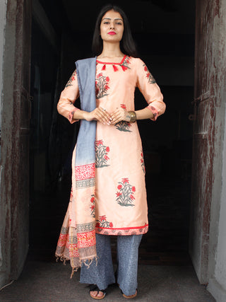 Peach Grey Red Chanderi Block Printed Suit Set - Set of 3  - SS01F031