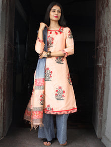 Peach Grey Red Chanderi Block Printed Suit Set - Set of 3  - SS01F031