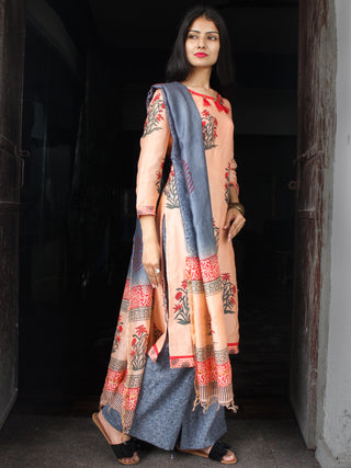 Peach Grey Red Chanderi Block Printed Suit Set - Set of 3  - SS01F031