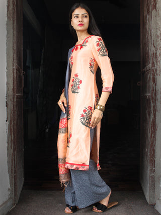 Peach Grey Red Chanderi Block Printed Suit Set - Set of 3  - SS01F031