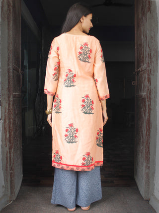 Peach Grey Red Chanderi Block Printed Suit Set - Set of 3  - SS01F031