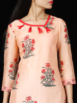 Peach Grey Red Chanderi Block Printed Suit Set - Set of 3  - SS01F031