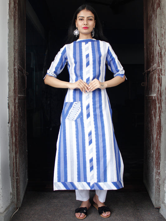Blue White Handloom Double Ikat Kurta With Embroidery Details  - K159F856