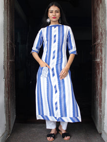 Blue White Handloom Double Ikat Kurta With Embroidery Details  - K159F856