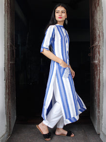 Blue White Handloom Double Ikat Kurta With Embroidery Details  - K159F856