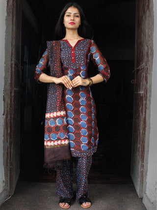 Indigo Rust Brown Chanderi Block Printed Suit Set - Set of 3  - SS01F030