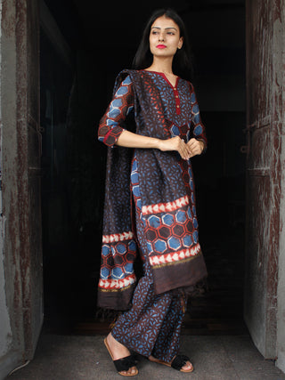 Indigo Rust Brown Chanderi Block Printed Suit Set - Set of 3  - SS01F030