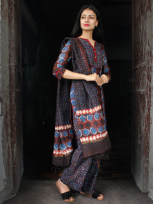 Indigo Rust Brown Chanderi Block Printed Suit Set - Set of 3  - SS01F030