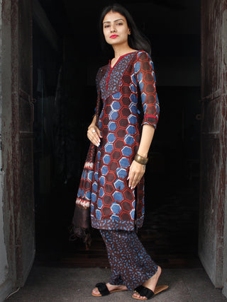 Indigo Rust Brown Chanderi Block Printed Suit Set - Set of 3  - SS01F030
