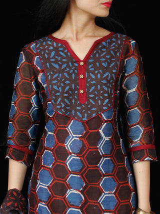 Indigo Rust Brown Chanderi Block Printed Suit Set - Set of 3  - SS01F030