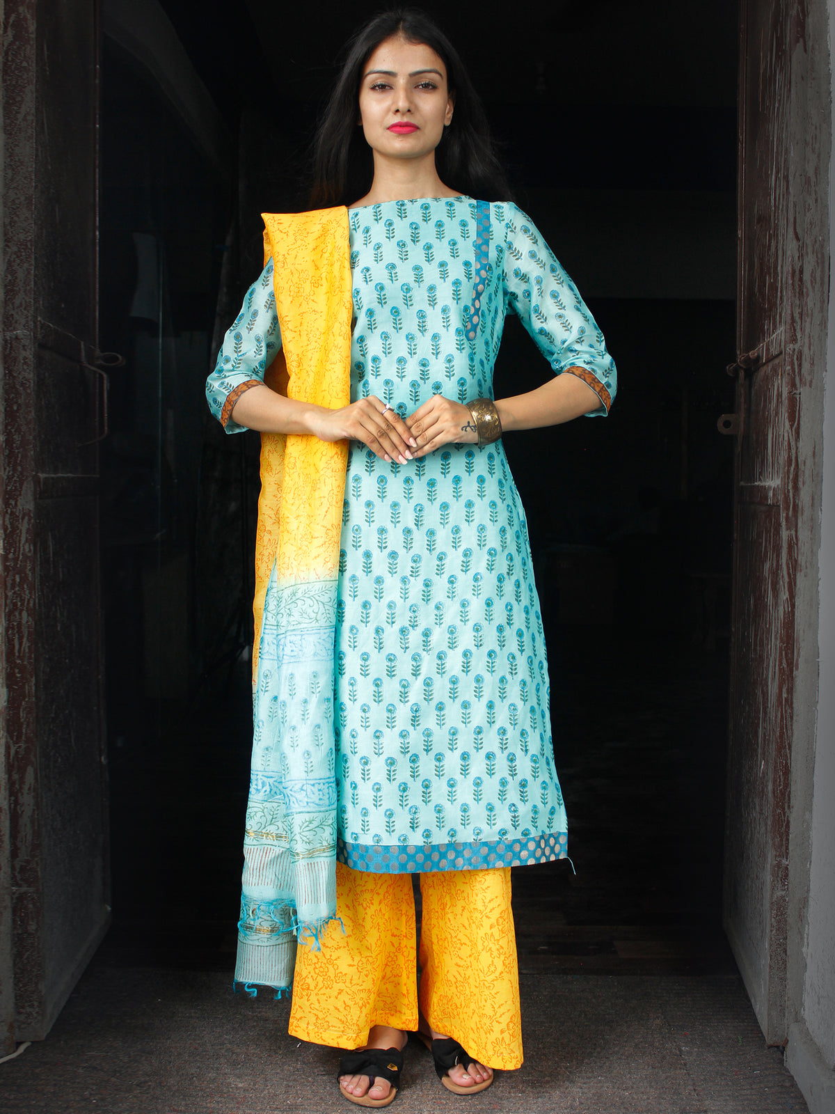 Sky Blue Yellow Chanderi Block Printed Suit Set - Set of 3  - SS01F029