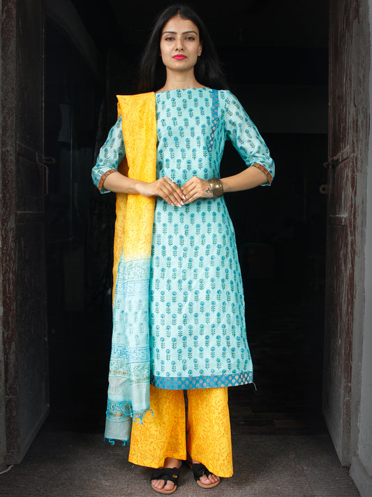 Sky Blue Yellow Chanderi Block Printed Suit Set - Set of 3  - SS01F029