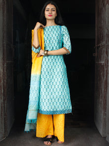 Sky Blue Yellow Chanderi Block Printed Suit Set - Set of 3  - SS01F029