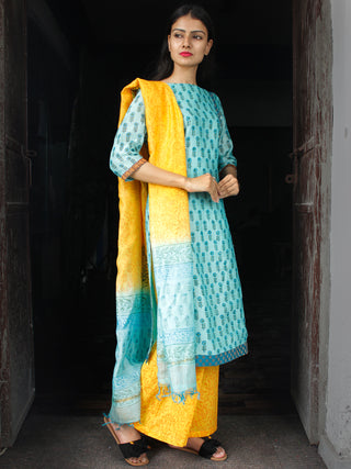 Sky Blue Yellow Chanderi Block Printed Suit Set - Set of 3  - SS01F029