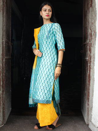 Sky Blue Yellow Chanderi Block Printed Suit Set - Set of 3  - SS01F029