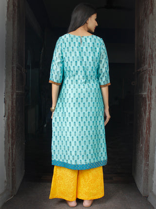 Sky Blue Yellow Chanderi Block Printed Suit Set - Set of 3  - SS01F029