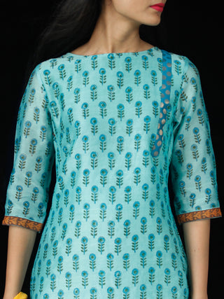 Sky Blue Yellow Chanderi Block Printed Suit Set - Set of 3  - SS01F029