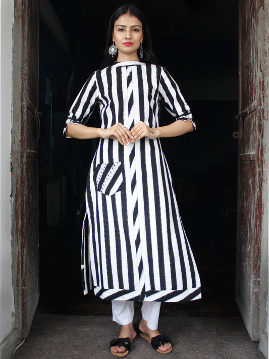 Black White Handloom Double Ikat Kurta With Embroidery Details  - K159F763