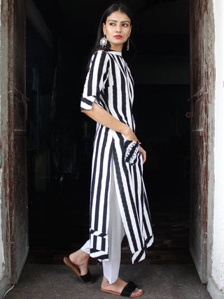 Black White Handloom Double Ikat Kurta With Embroidery Details  - K159F763