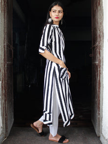 Black White Handloom Double Ikat Kurta With Embroidery Details  - K159F763