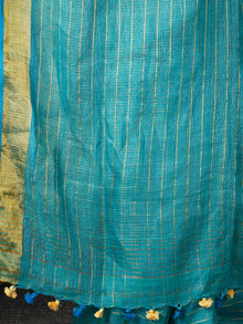 Teal Green Golden Handwoven Checked Linen Saree With Zari Border - S031703469