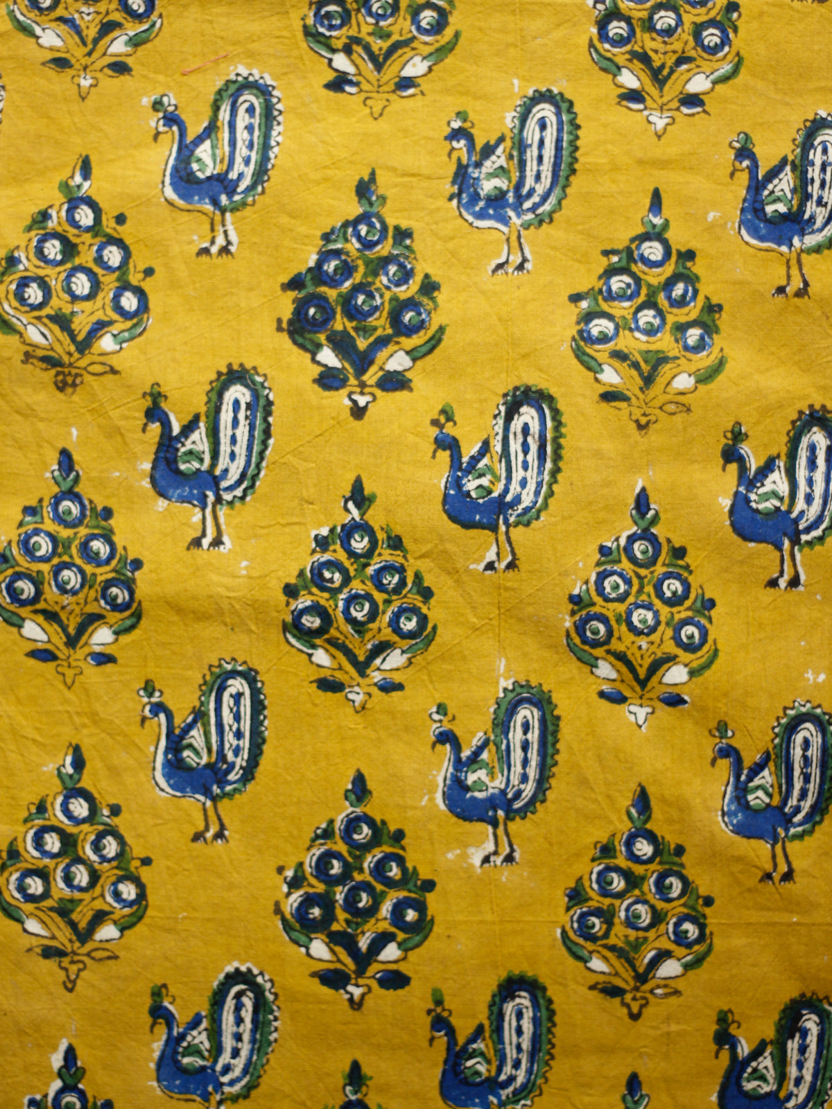 Mustard Ivory Indigo Hand Block Printed Cotton Fabric Per Meter - F001F1809