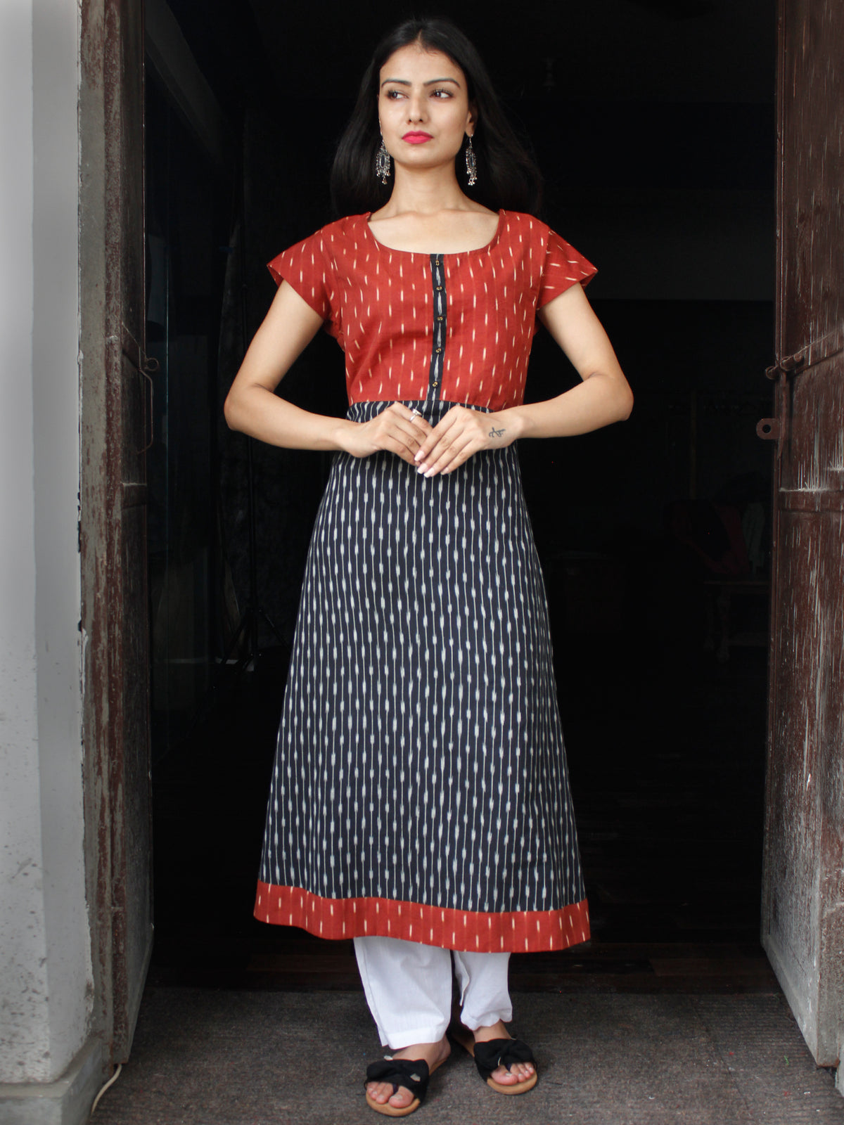 Rust Black Ivory Handloom Ikat Kurta  - K161F1460