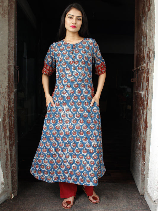 Indigo Rust Hand Block Printed Cotton Long Kurta With Pockets - K158F1838